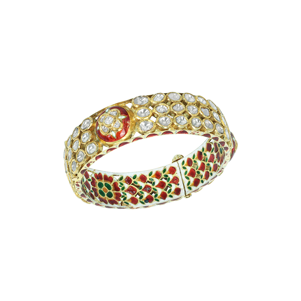 Floral Polki Bangle with Red and Green Meenakari Enamel Work